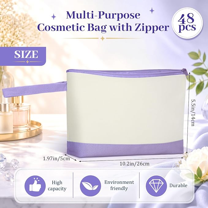 Silkfly 48 Pcs Cotton Canvas Makeup Bags Cosmetic Zipper Bags 10.2 x 5.5 x 2''