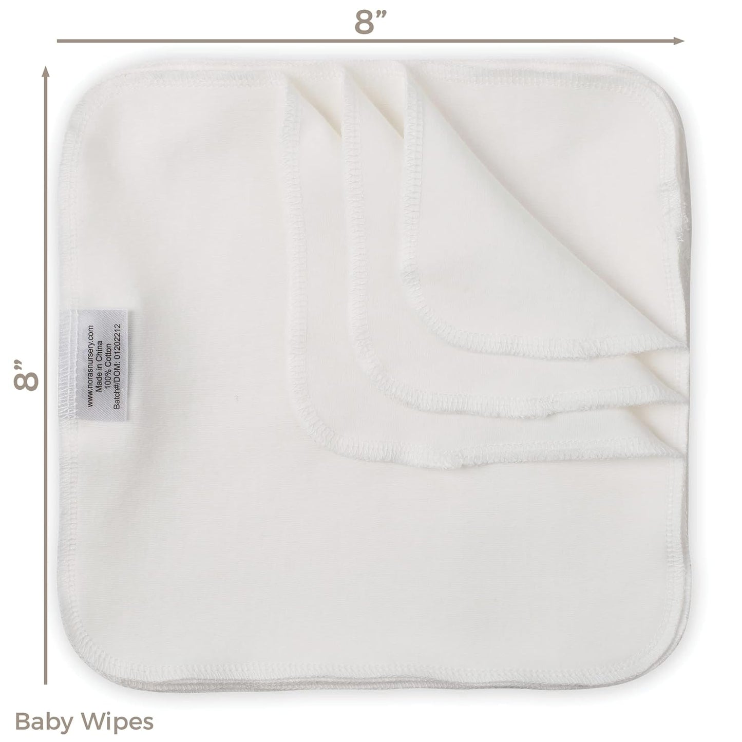 Reusable Baby Wipes, 25 Washable Cloth Wipes per Pack, 100% Cotton, Soft and Gentle for Baby's Skin, by Nora's Nursery