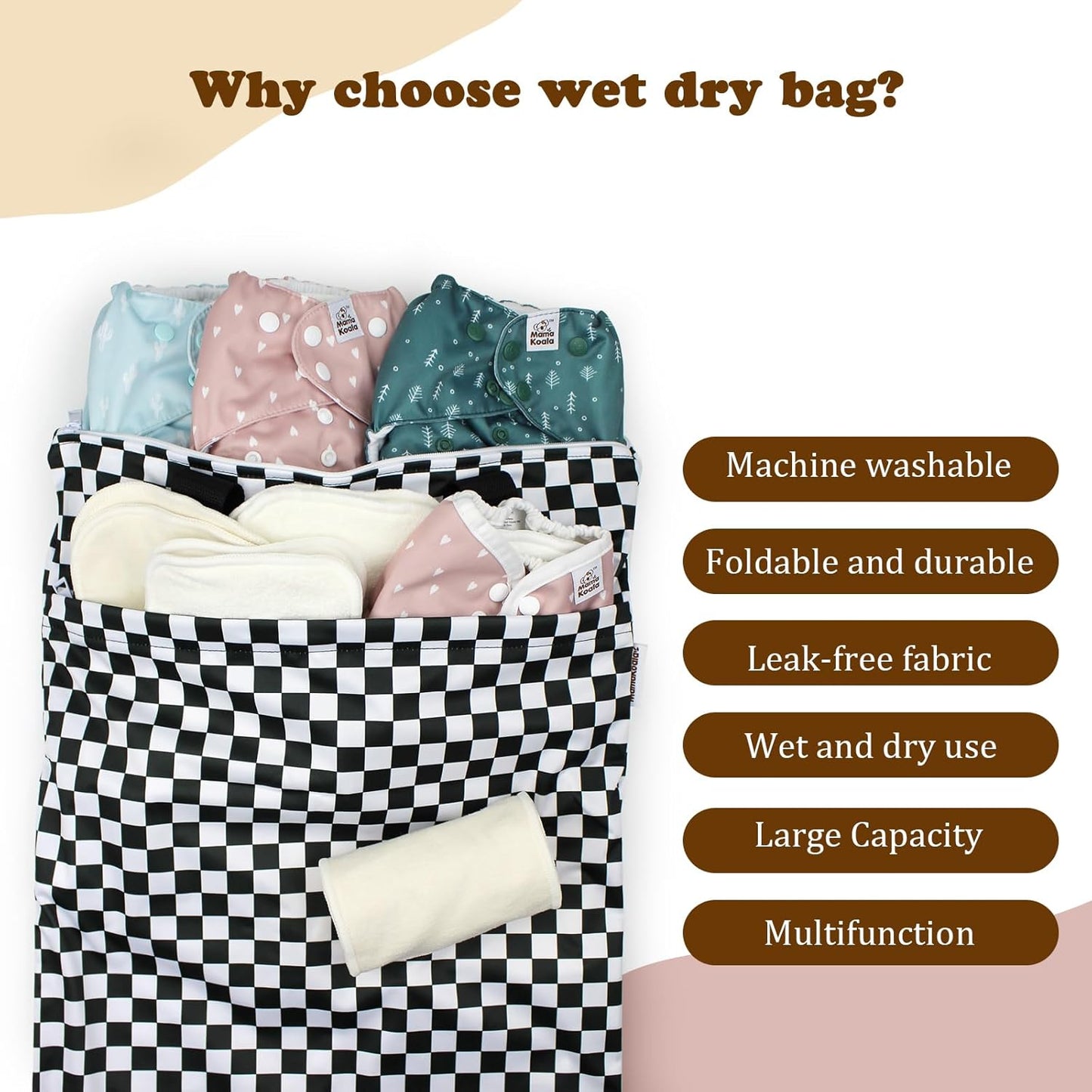 Mama Koala Reusable Hanging Wet Dry Bags for Baby Items, Cloth Diapers, Swimsuits, Travel, Gym Clothes, Beach, Pump Parts, Toiletries, Two Zippered Pockets, 2 Pack (W009L)