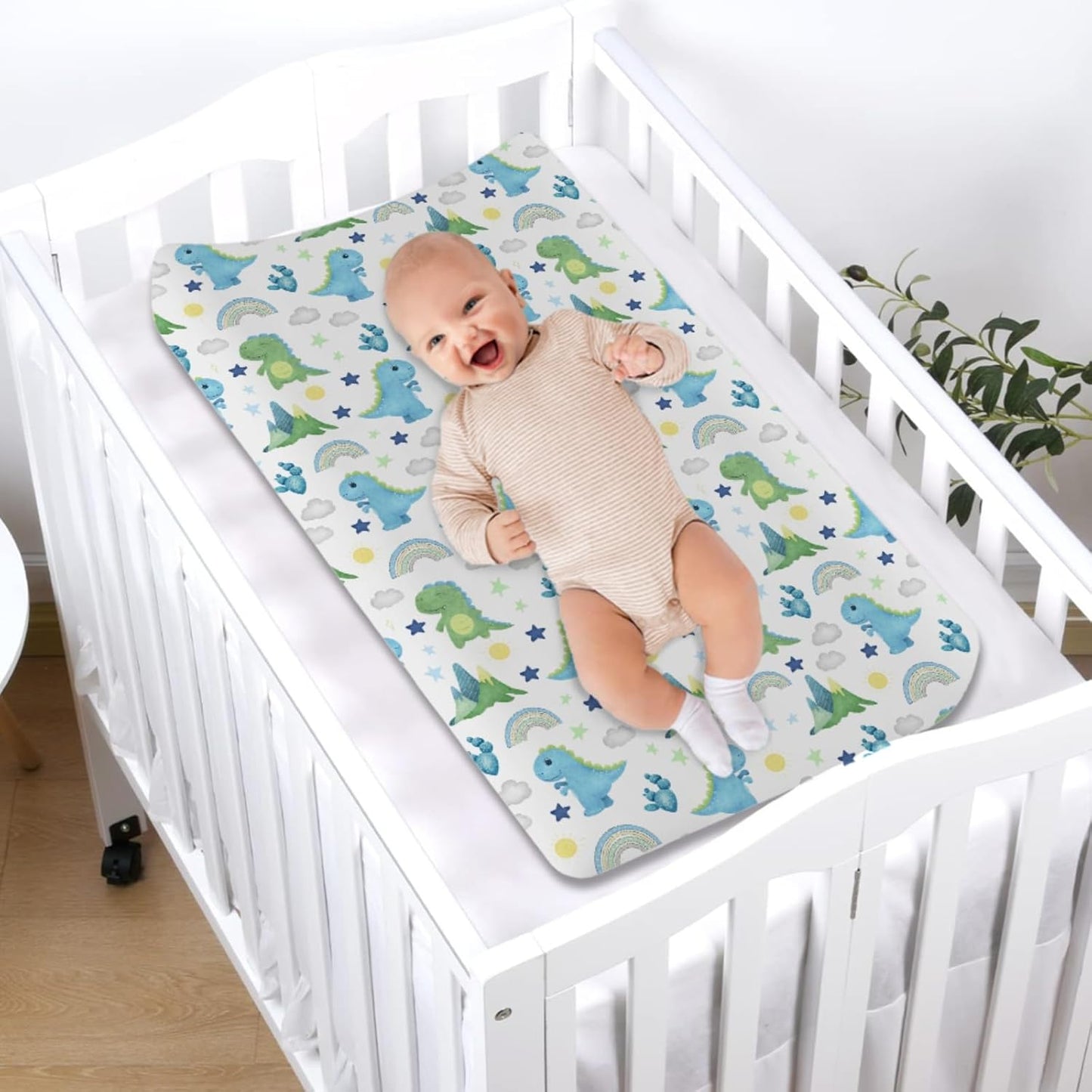 Dinosaur Rainbow Diaper Changing Pad Cover Sheets for Boy Girl 32''x16'' Cartoon Dino Sun Star Cactus Mountain Unisex Fitted Changing Table Covers Comfort Soft Breathable Baby Changing Table Mats