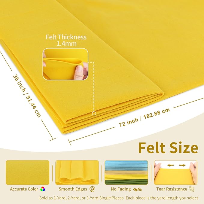 Yellow Felt Fabric Sheet 72" X 36", 1.4mm Thick Large Soft Durable Flexible