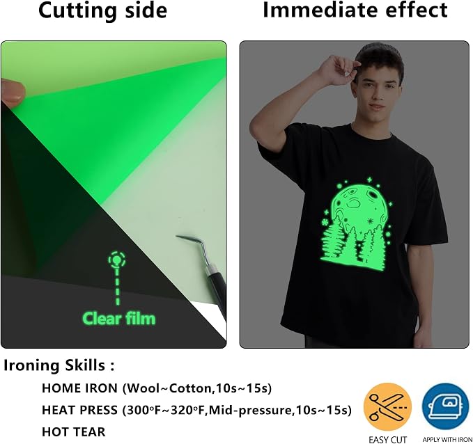 HTVVETUR Glow in The Dark HTV Heat Transfer Vinyl Roll 12 Inch by 5 Feet Iron