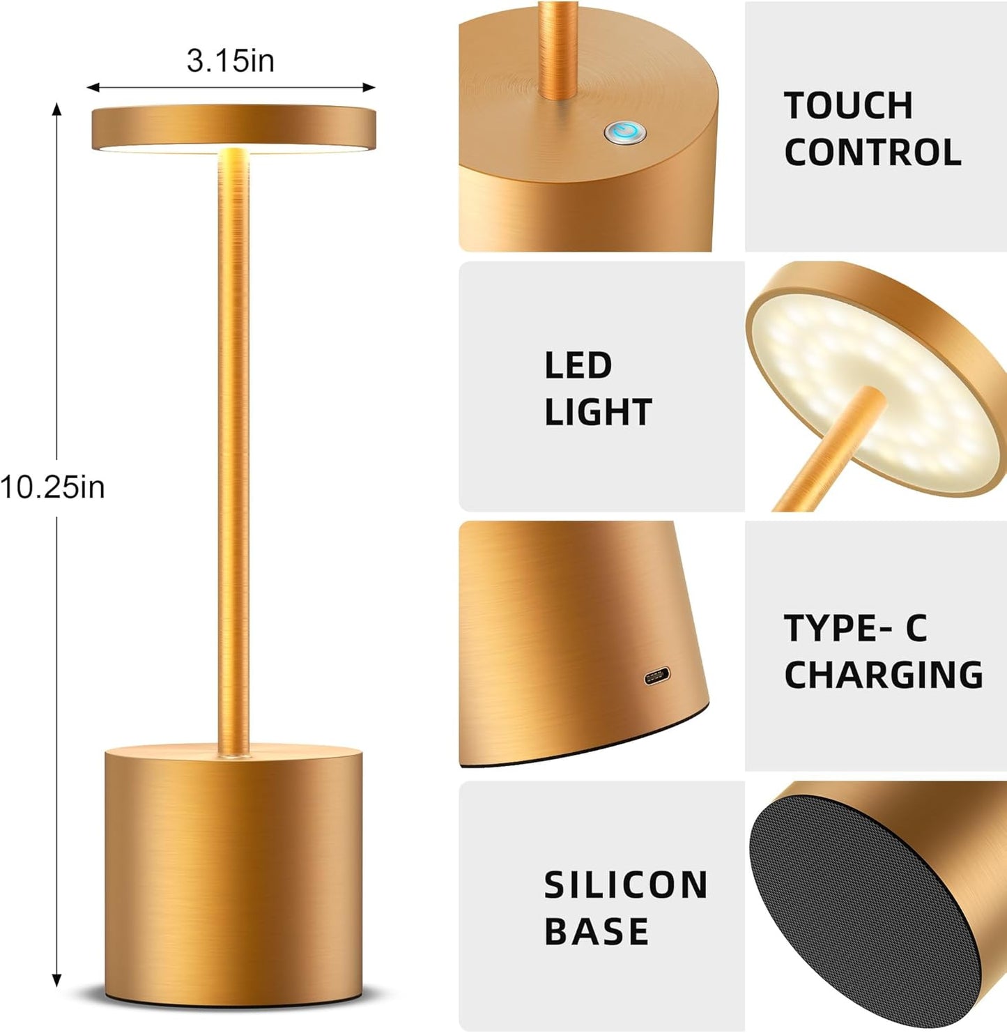 Cordless Table Lamps Rechargeable - Outdoor Waterproof LED Table Light Portable 5000mAh Battery Operated Lamp 3 Color Stepless Dimming with Memory Function for Restaurant Dining Patio Gold