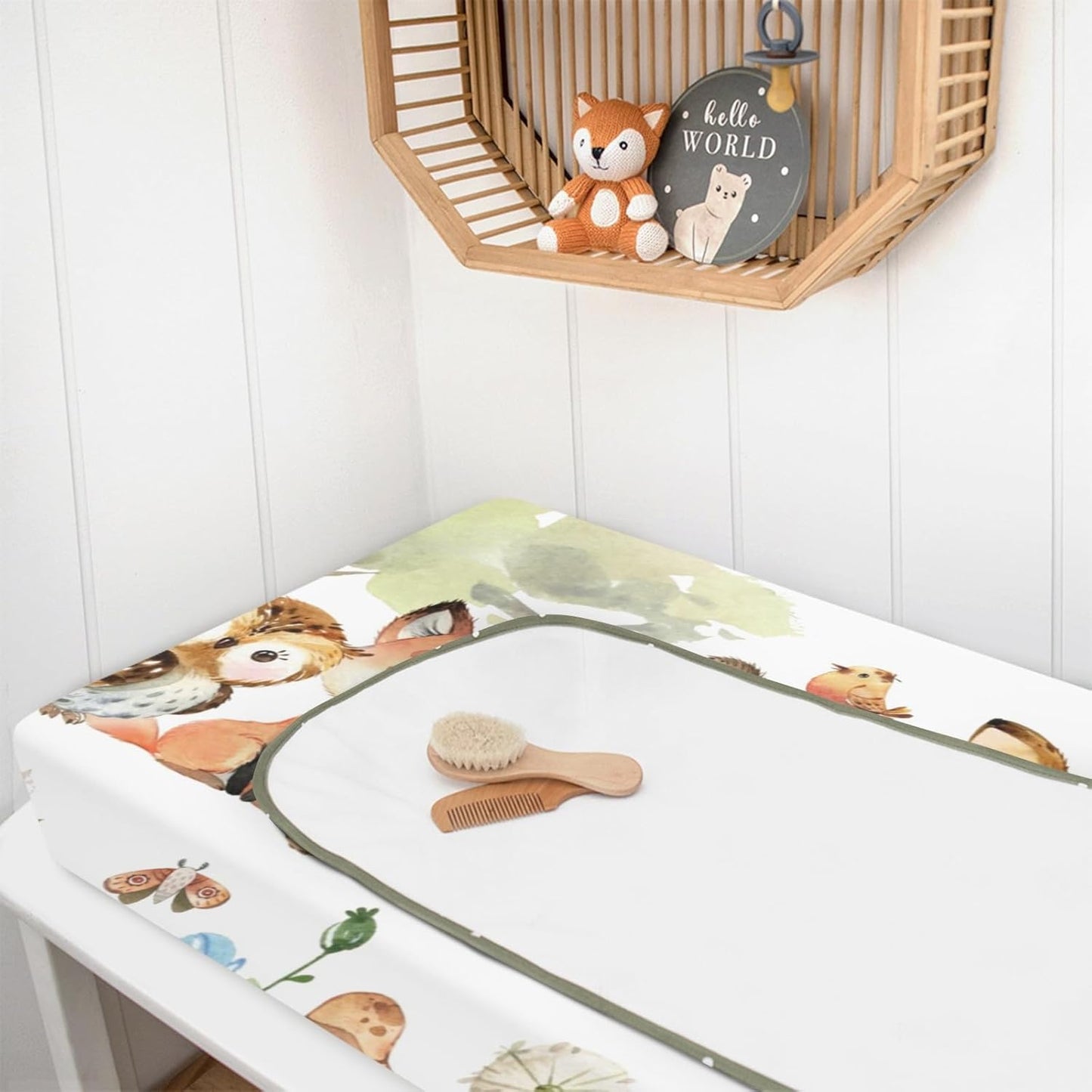 HawSkgFub Animal Friends Changing Pad Cover for Baby Girl Boy, Natural Forest Deer Bear Fox Owl Diaper Change Table Covers, Soft Stretchy Safe Snug Fitted Changing Mat Sheet Fit 32"/34" x 16"
