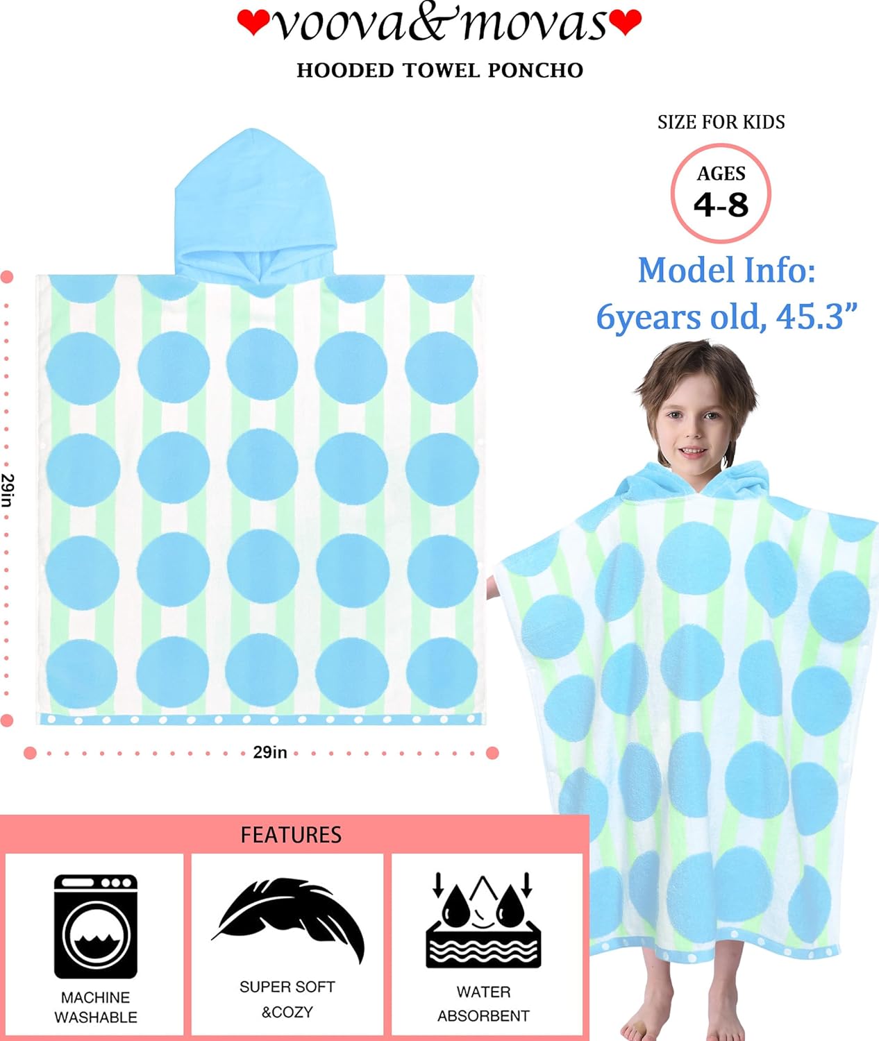 VOOVA & MOVAS Kids Poncho Towels with Hood (4-8Years), Absorbent Quick Dry Lightweight Hooded Beach Towel for Pool | Swim | Bath, Blue Dot Strip