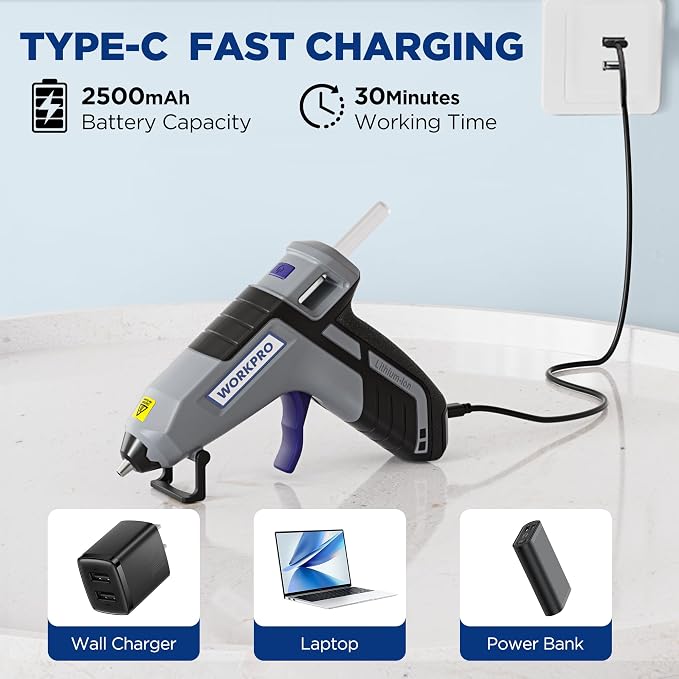 WORKPRO 3.6V Cordless Hot Glue Gun, Fast Preheating, Smart Power-Off, USB-C