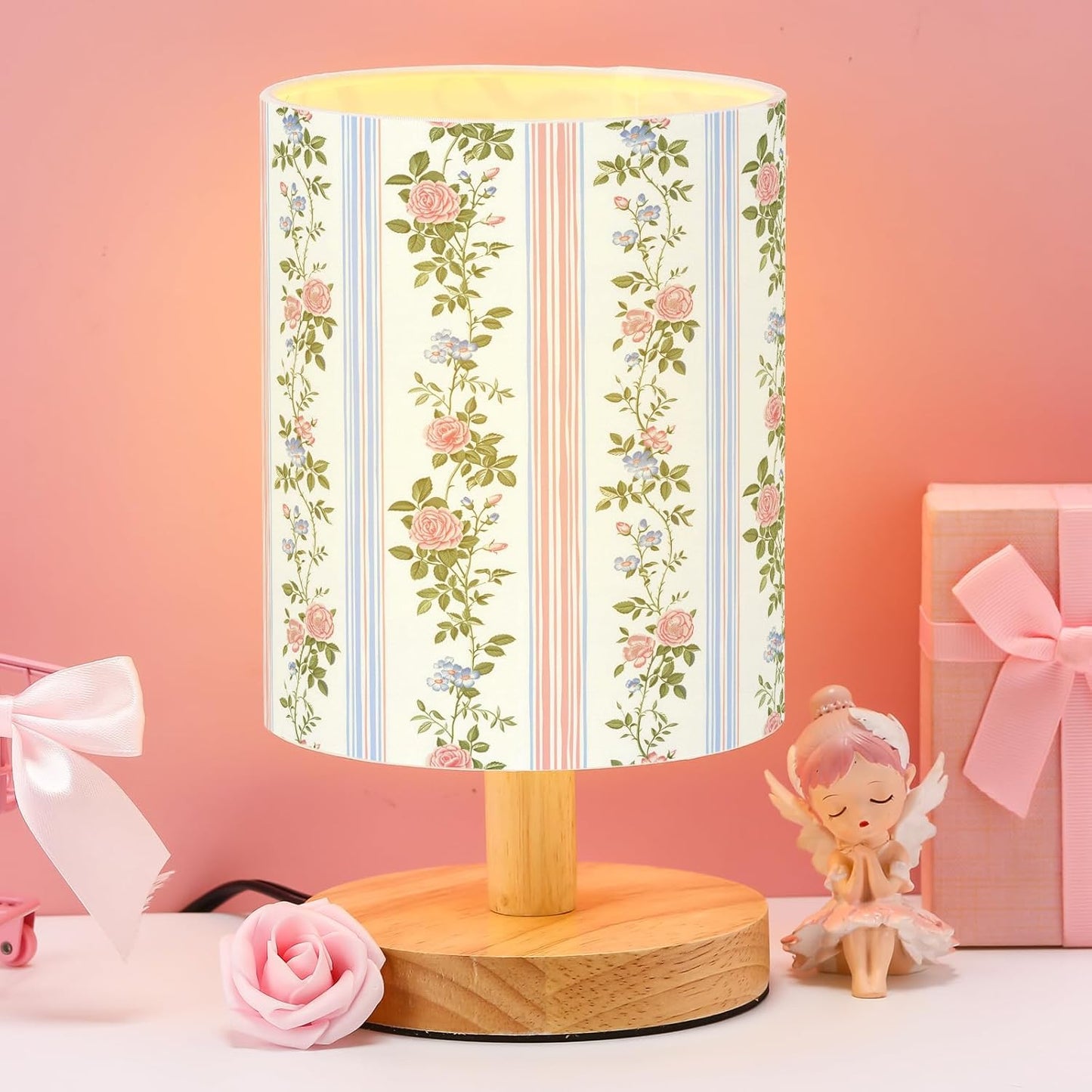 VIHOSE Preppy Kids Table Lamp for Bedroom Kids Bedside Lamp with Linen Wooden Nightstand Cartoon Nursery Lampshade for Girls Boys Living Room