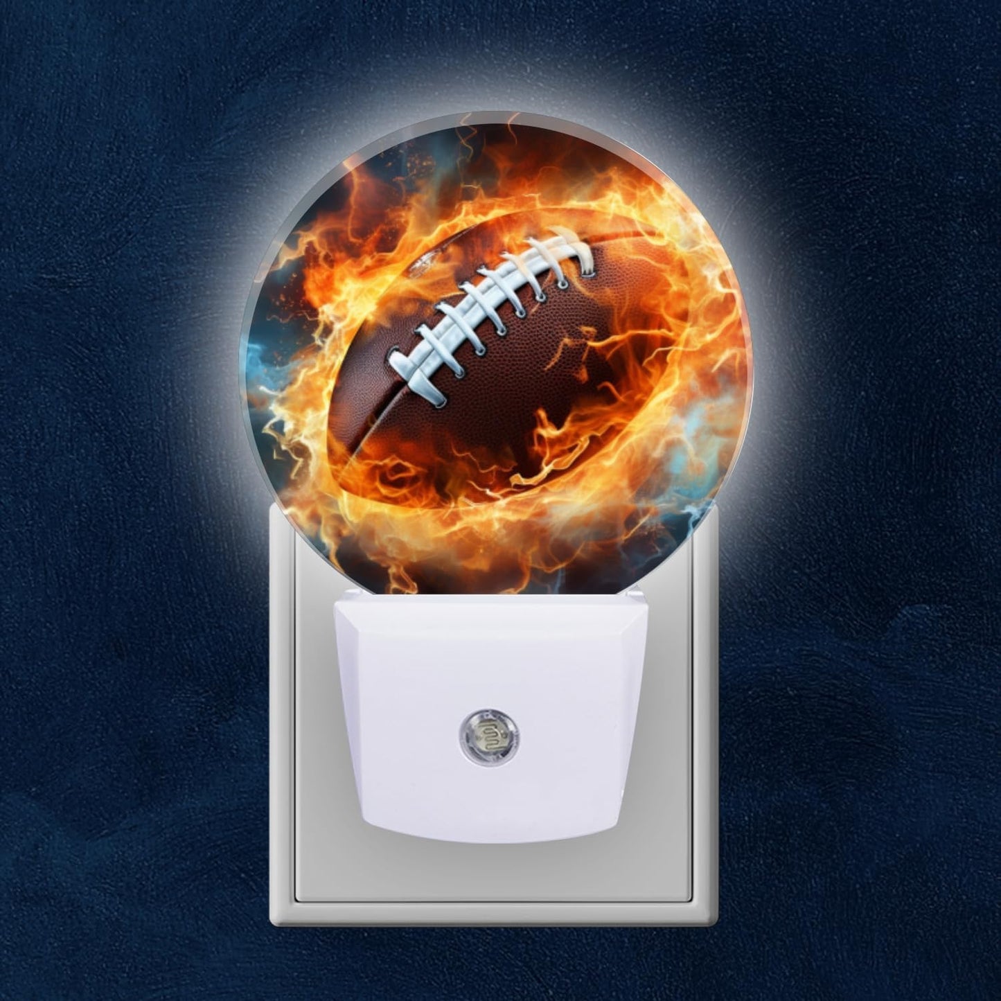 Round LED Night Lights Lamp with Dusk to Dawn Sensor, American Football Ball on Fire Night Light Plug Into Wall for Kids Room, Bedroom, Bathroom, Kitchen, Hallway