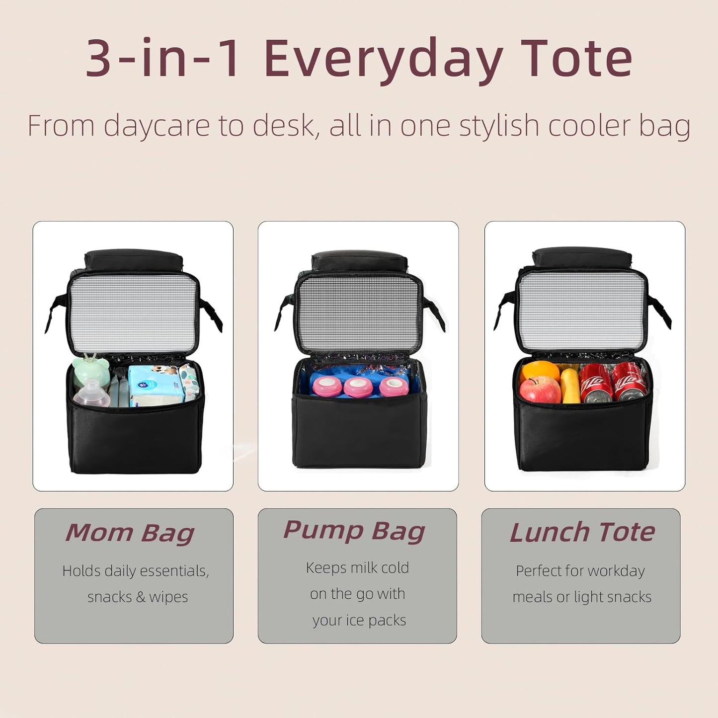 Insulated Bottle Cooler Bag, Holds 6×9oz, 18L Large 2-n-1 Backpack Lunch Bag for Nursing, Work, Daycare (Black)