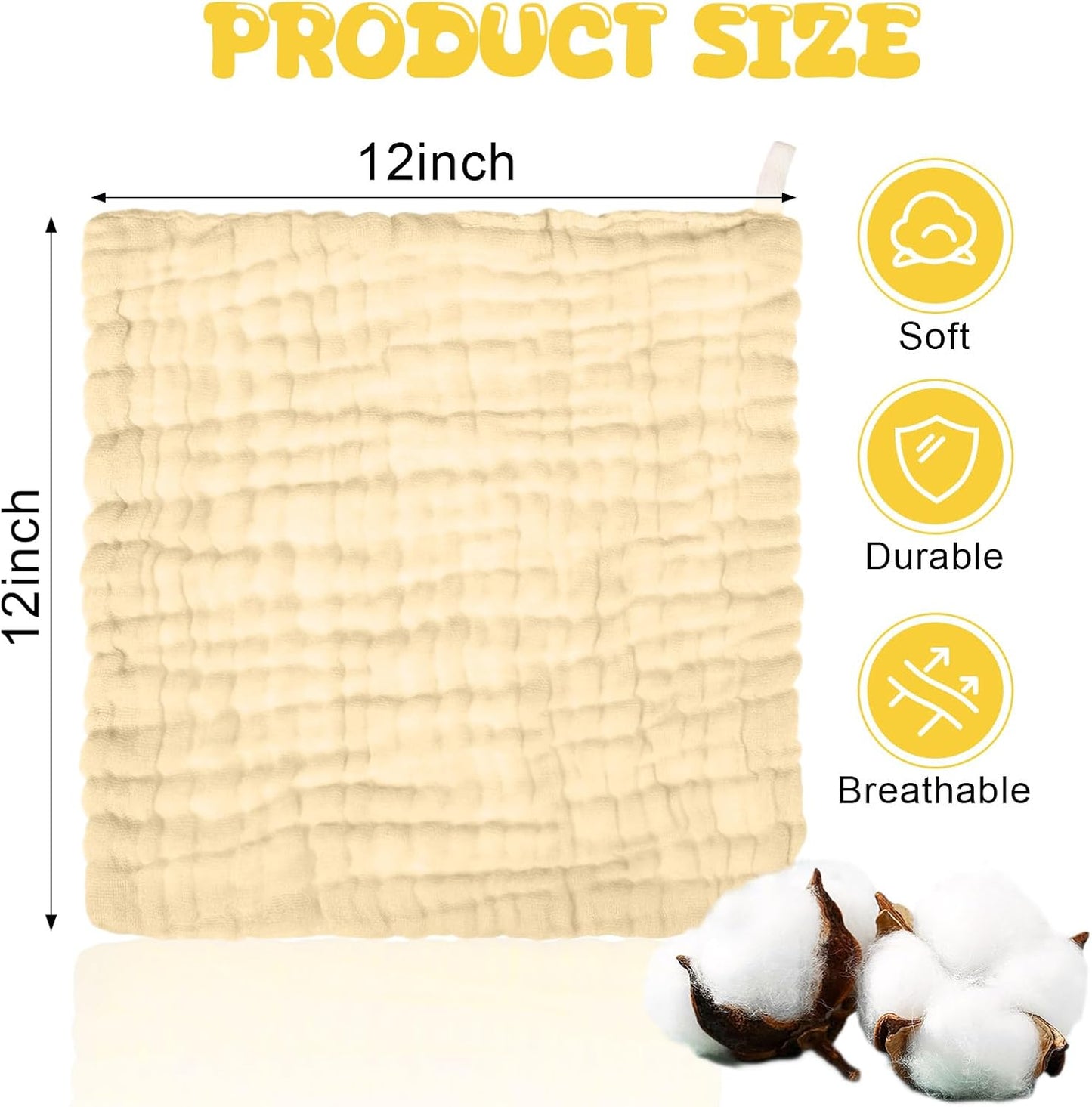 Breling 20 Pcs Baby Muslin Washcloth 12 x 12 Inch 100% Cotton Soft and Absorbent Muslin Washcloth Burp Cloth Wipe Newborn Face Towel for Baby Boy Girl Sensitive Skin(White, Light Yellow, Yellow)
