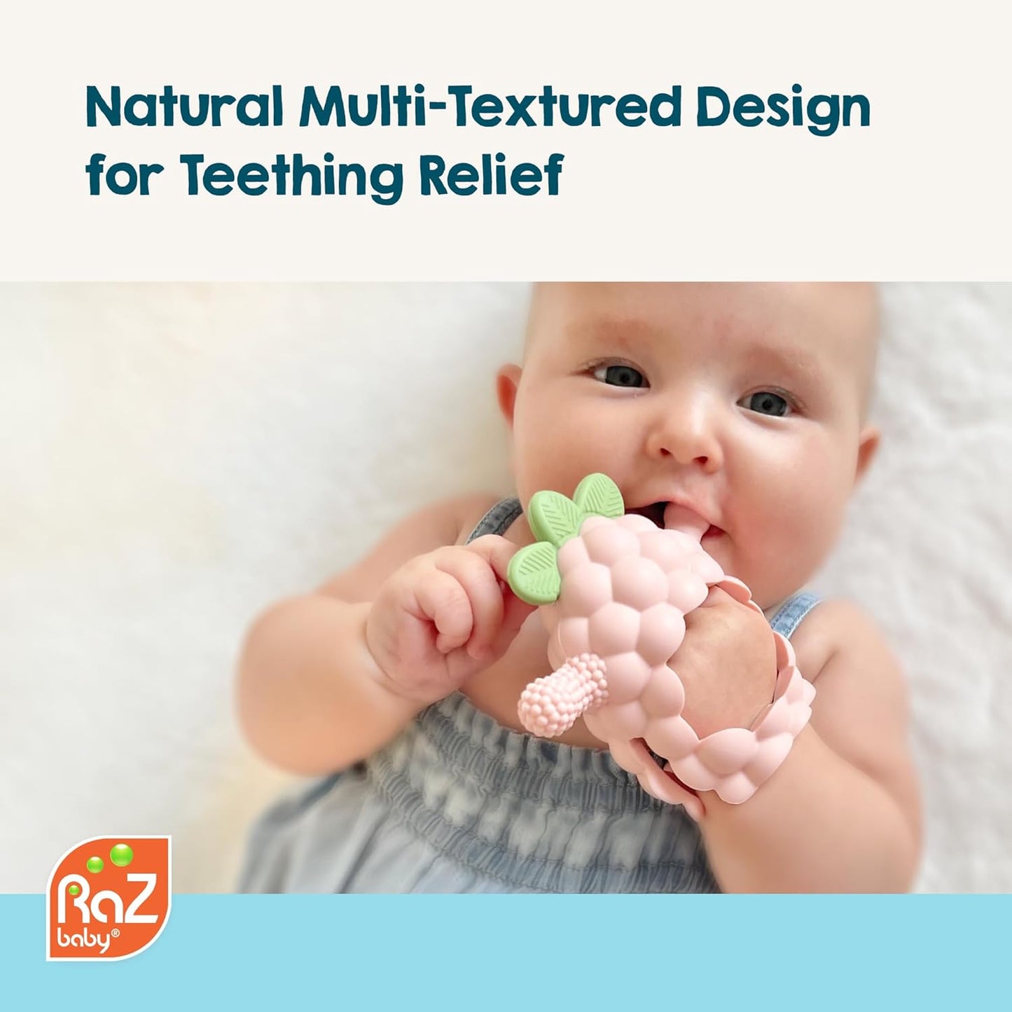 RaZbaby RaZberry Grip Silicone Teether Toy for 3M+ | Drop Resistant Hand Held Teether for Babies and Infants - Designed by Nature with Our Patented BerryBumps Multitextured Design | 3M+, Blue