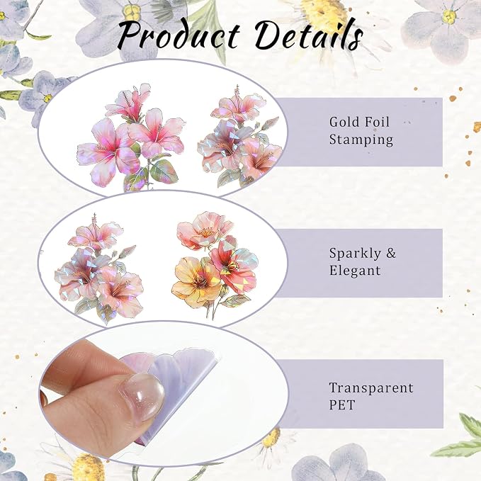 30 PCS Sparkly Flower Stickers Clear Glitter Floral Stickers Holographic PET