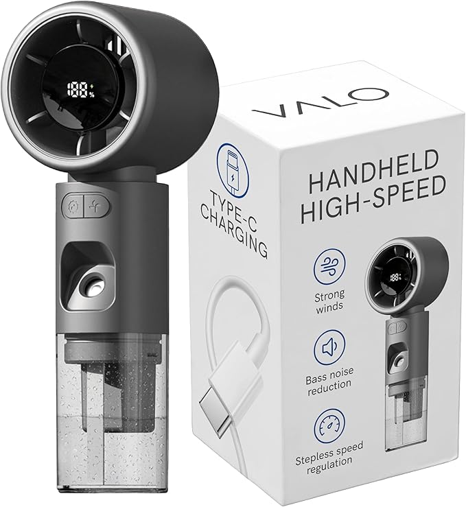 Valo Portable Rechargeable Fan - Mini Cooling Fan for Travel, USB Desk Personal Fan with 4 Speeds, 50ml Tank for Water Cooling Technology, Quiet Operation, 2,000 mAh Battery - Titanium Gray