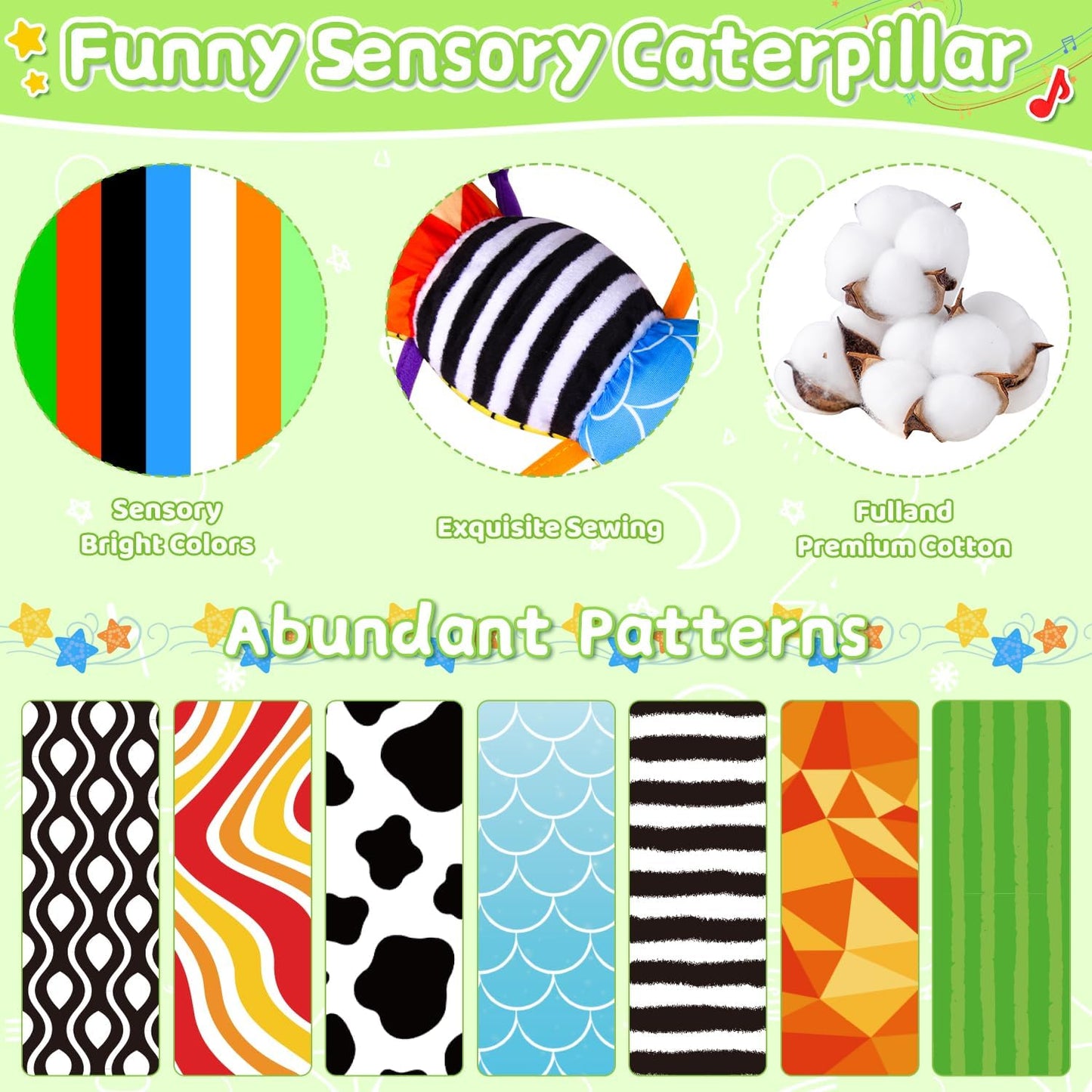 Baby Toys 0-6 6-12 Months, Stuffed Animal Infant Tummy Time Toys Sensory Toys with Crinkle, Rattles, Textures and Mirror Gifts for Newborn Boy Girls Toddlers, Caterpillar Musical Toy (Green)