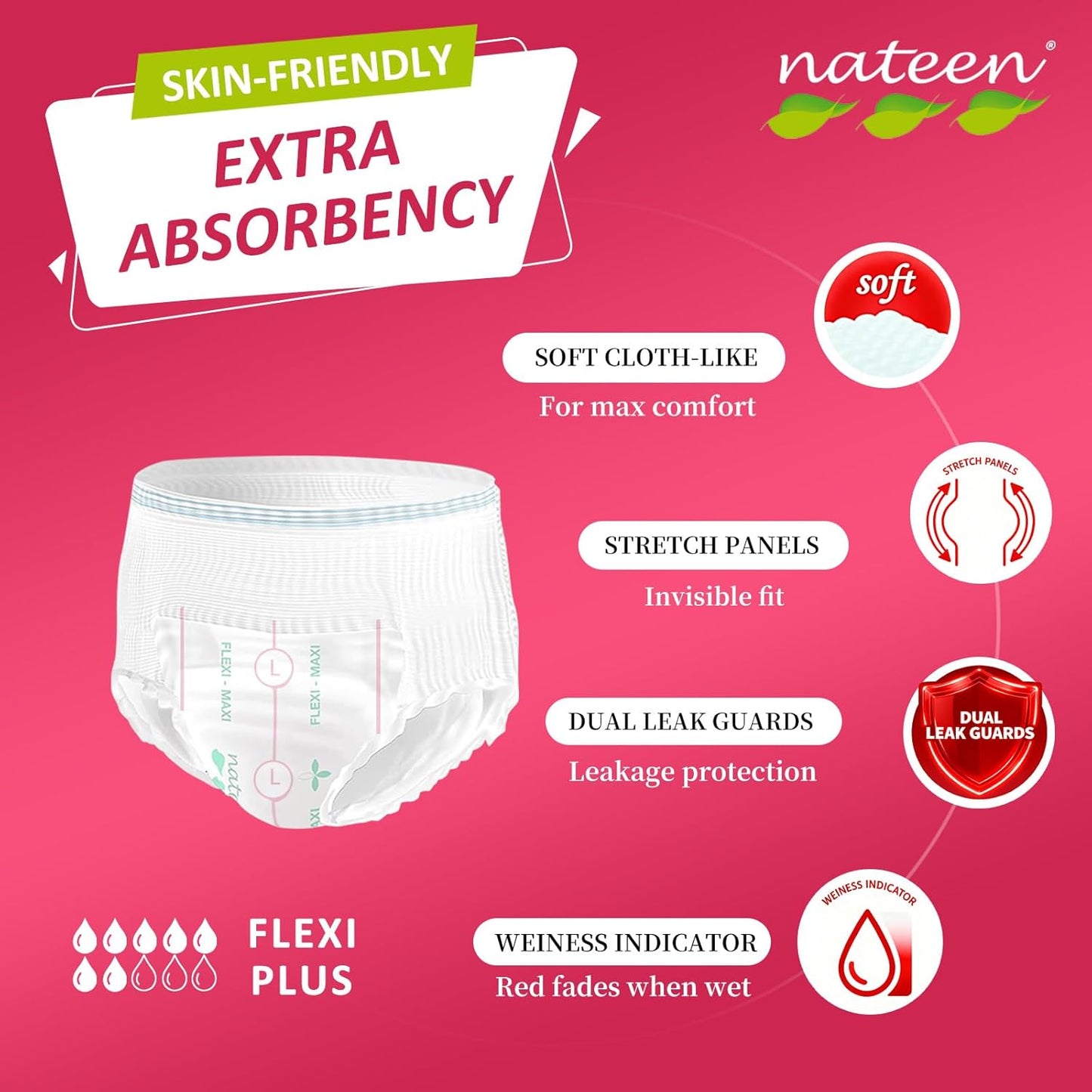 Nateen Flex Plus Adult Incontinence Underwear for Women and Men，Extra Absorbency Adult Pull Ups,Soft Cloth-Like Adult Diapers, Medium, 40 Count