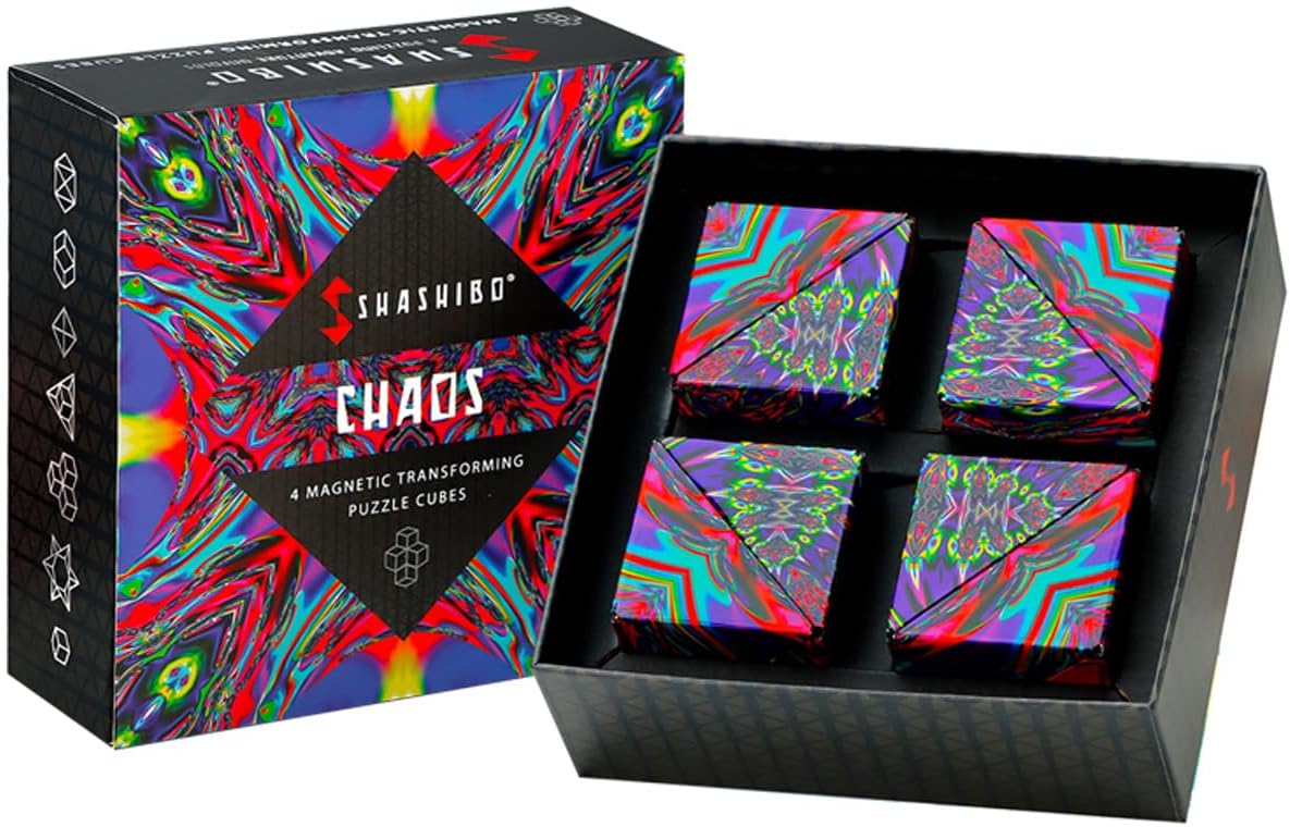 Shashibo Shape Shifting Box - Award-Winning, Patented Fidget Cube w/ 36 Rare Earth Magnets - Transforms Into Over 70 Shapes, Gift Box, Download Fun in Motion Toys Mobile App (Chaos, 4 Pack)