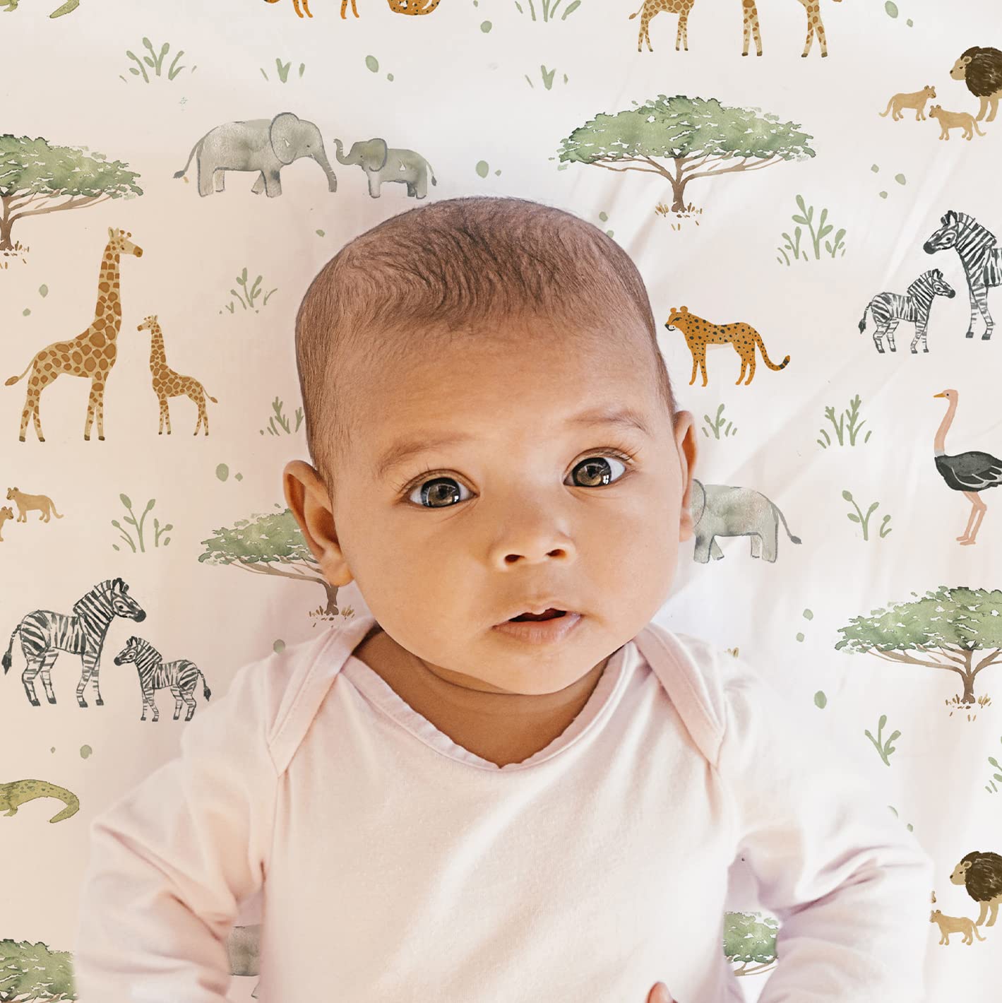 Baby Bassinet Sheets for Boy, Girl (Safari Adventures) 2-Pack - Fitted Bedside Bassinet Sheets - Buttery Soft Cotton Blend for Standard Mattress Pad - Compatible with Halo BassiNest