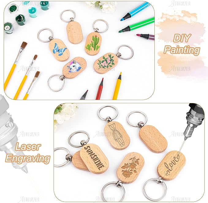 AUEAR, Blank Wooden Key Chain Wood Keychain Key Ring Key Tags Personalized EDC