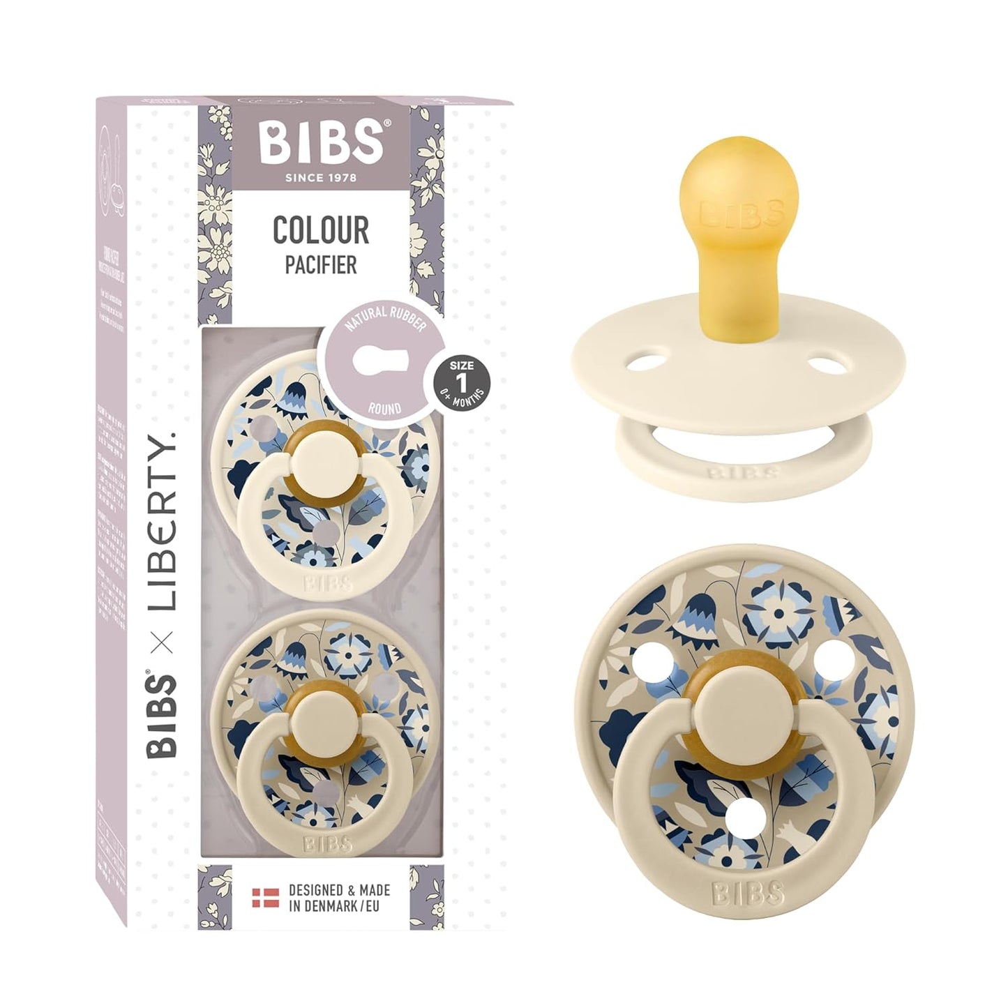 BIBS Colour Liberty Soother 2-Pack, BPA Free Dummy Pacifier, Round Nipple. Natural Rubber Latex, Made in Denmark, Size 1 (0-6 Months), Bobo Ivory Mix
