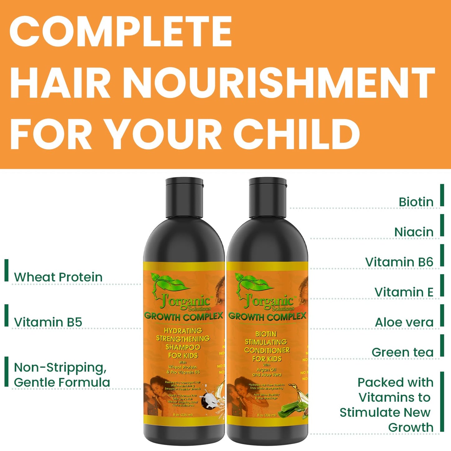 J'Organic Solutions Biotin Hydrating, Strengthening shampoo & Conditioner Set Phthalates-Free, No Sulfate, Paraben-free Baby And Toddler Shampoo and Conditioner (2x 8oz)