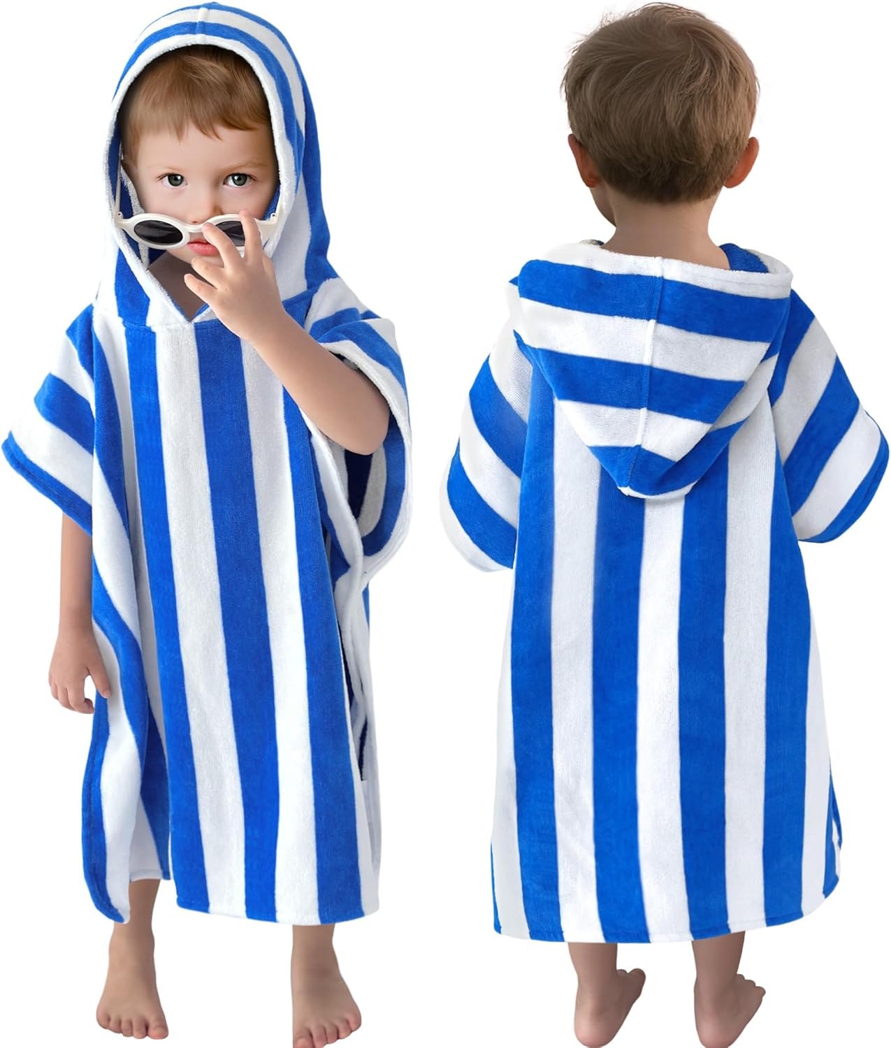VOOVA & MOVAS Toddler Poncho Towels with Hood, Oversized (2-4Years,22"X22") Made from 100% Soft Cotton,Absorbent Hooded Towels for Baby Boys,Perfect for Pool | Swimming | Bath | Beach,Blue Stripe