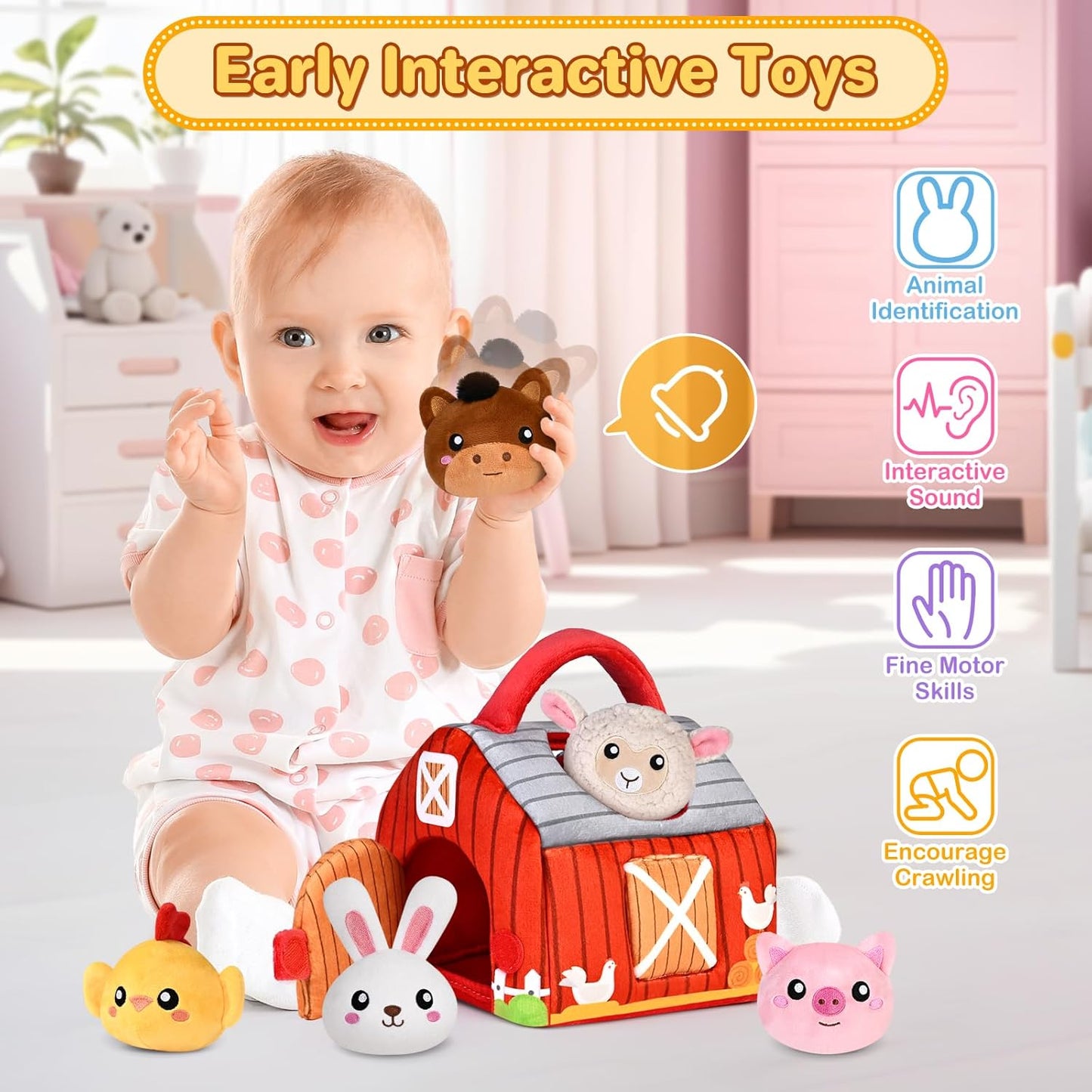 Baby Toys 0-6 6-12 Months, Plush Big Red Barn with Farm Animals, Soft Sensory Toys with Crinkle, Rattles for 0-3-6-9-12 Month Newborn Infant, Christmas Easter Birthday Gifts for Baby Boys Girls﻿