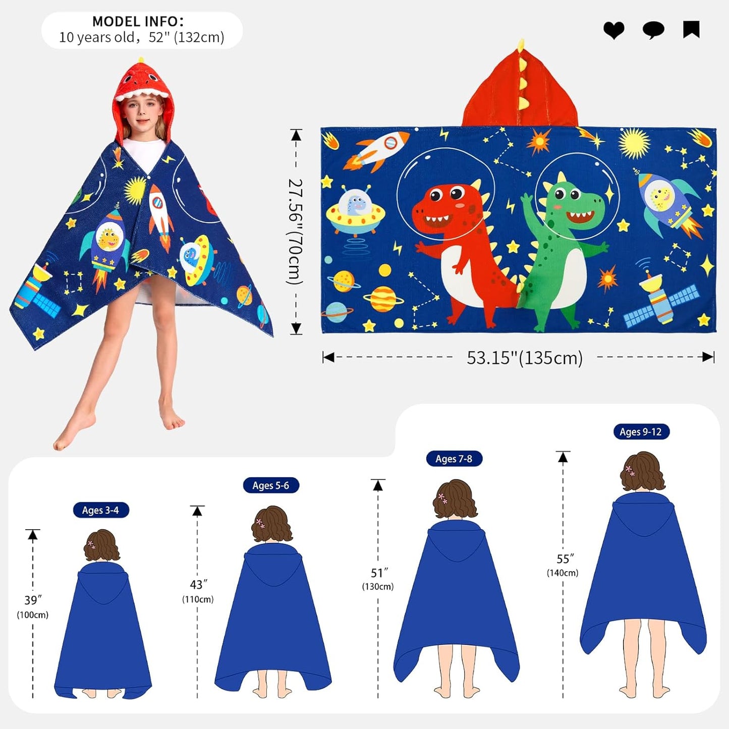 OLAOLA Space Dinosaur Hooded Towel for Kids 3-12 Years, Soft Thick Absorbent Beach Towels, Toddler Bath Towel Wrap 28" x 53", Swim Pool Towels Poncho for Boys Girls