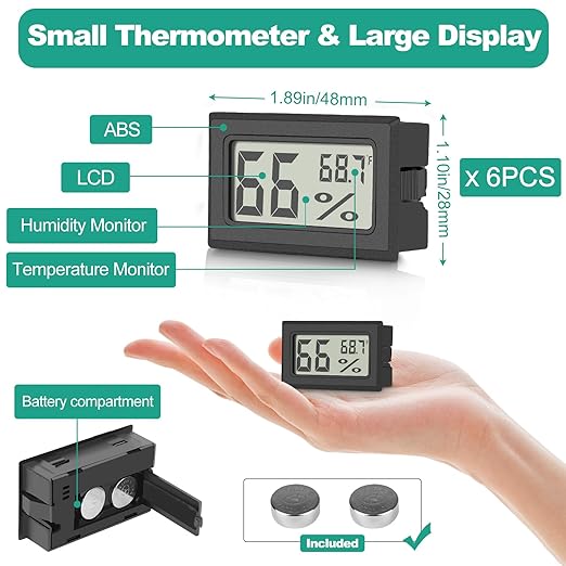 Vaikby 6-Pack Mini Digital Thermometer Hygrometer, Indoor Humidity Monitor, Temperature Humidity Gauge Meter with Fahrenheit (℉) for Humidors, Greenhouse, Garden, Cellar, Closet, Fridge