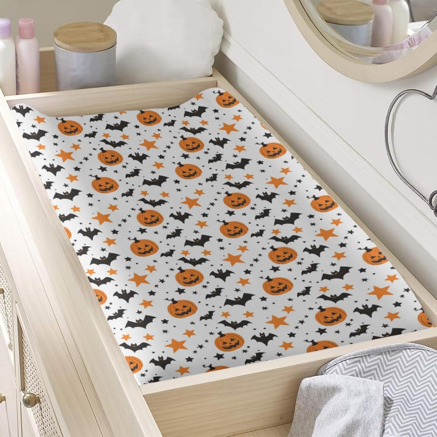 Halloween Pumpkin Bats Stars Pattern Baby Changing Pad Cover, Unisex Fall Winter Holiday Nursery Diaper Changing Table Pad Mat Sheet for Boys Girls-16x32