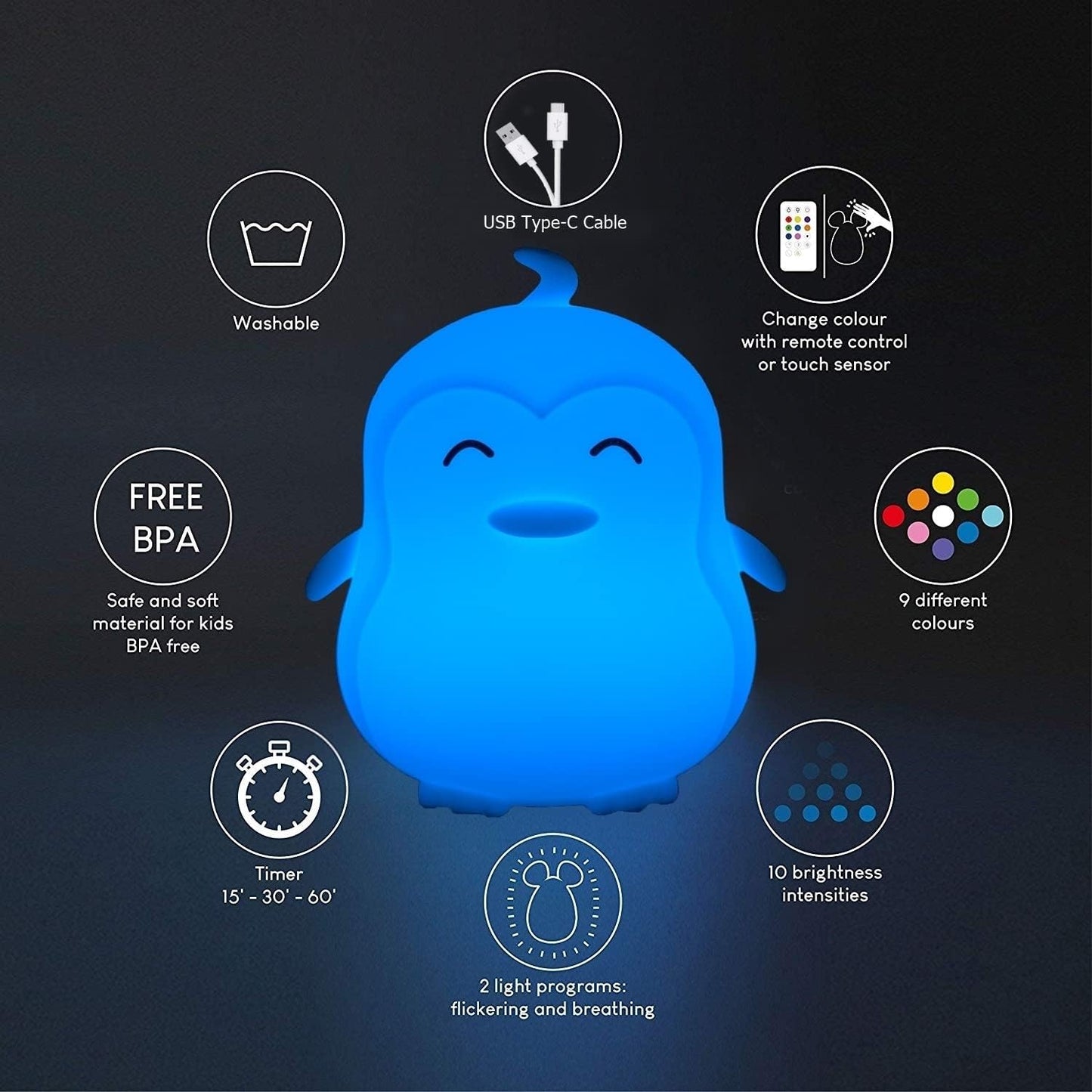 Large Penguin Night Lights for Babies Bedroom Light, lamp Kids, Toddler Nursery lamp Soft Decorative Lamps - Break Resistant, Eye Caring, Adjustable Brightness & Color, Time Setting - Large