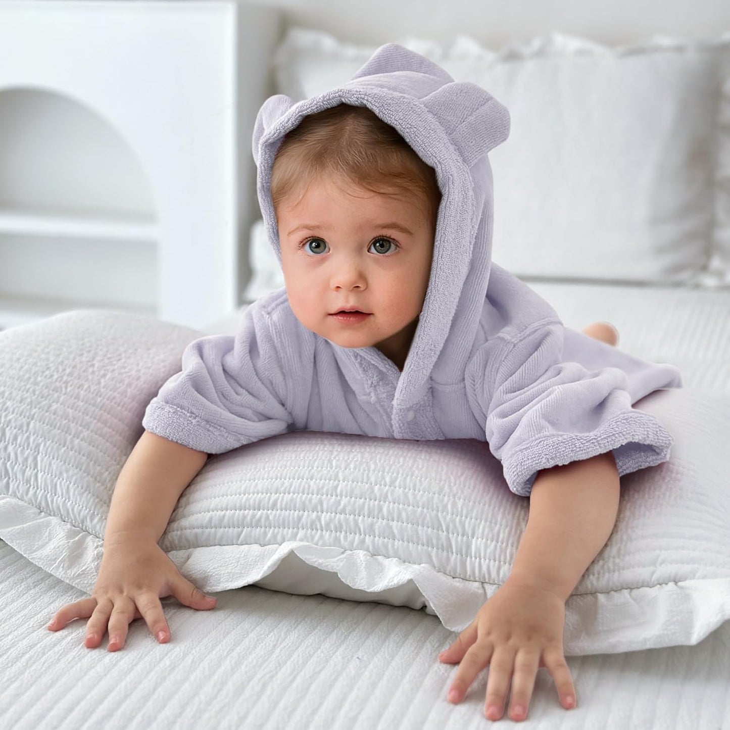 VOOVA & MOVAS Baby Hooded Poncho Towel with Bear Ear, 0-3Years | 100% Cotton, Ultra-Soft & Absorbent | Gentle for Sensitive Skin, Bath, Pool Towel for Toddler | Newborn (Purple)