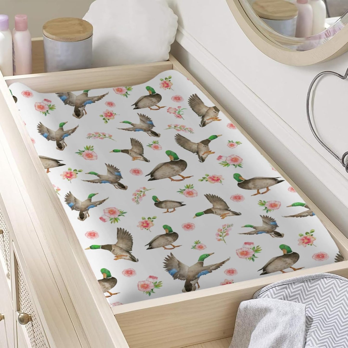 Baby Hunting Wild Duck Boho Floral Changing Pad Covers for Boy Girl 32''x16'' Mallard Ducks Flowers Unisex Fitted Changing Table Sheets Comfort Soft Breathable Baby Diaper Changing Table Mats