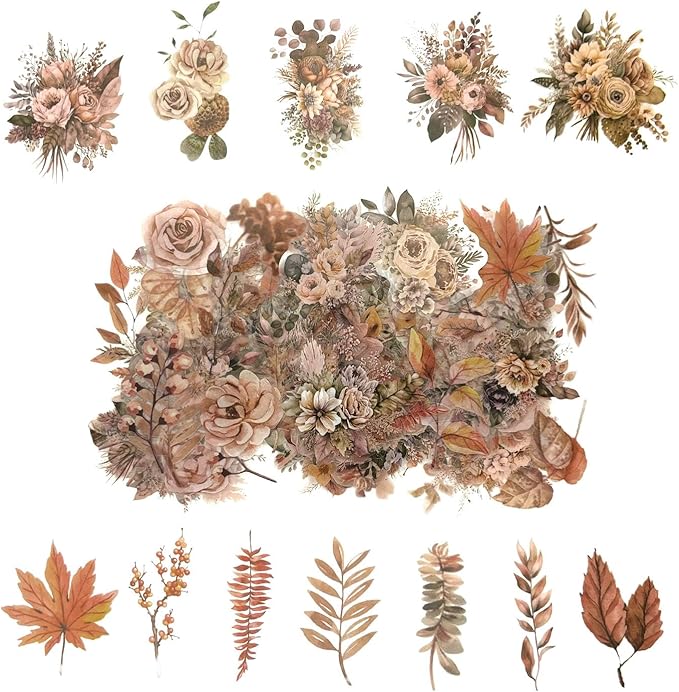 100 Pcs Autumn Flower Stickers for Scrapbooking Junk Journal Card Making