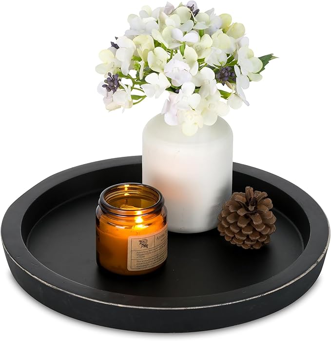 Hanobe Wooden Tray for Coffee Table: Candle Holder Plate Black Round Decorative