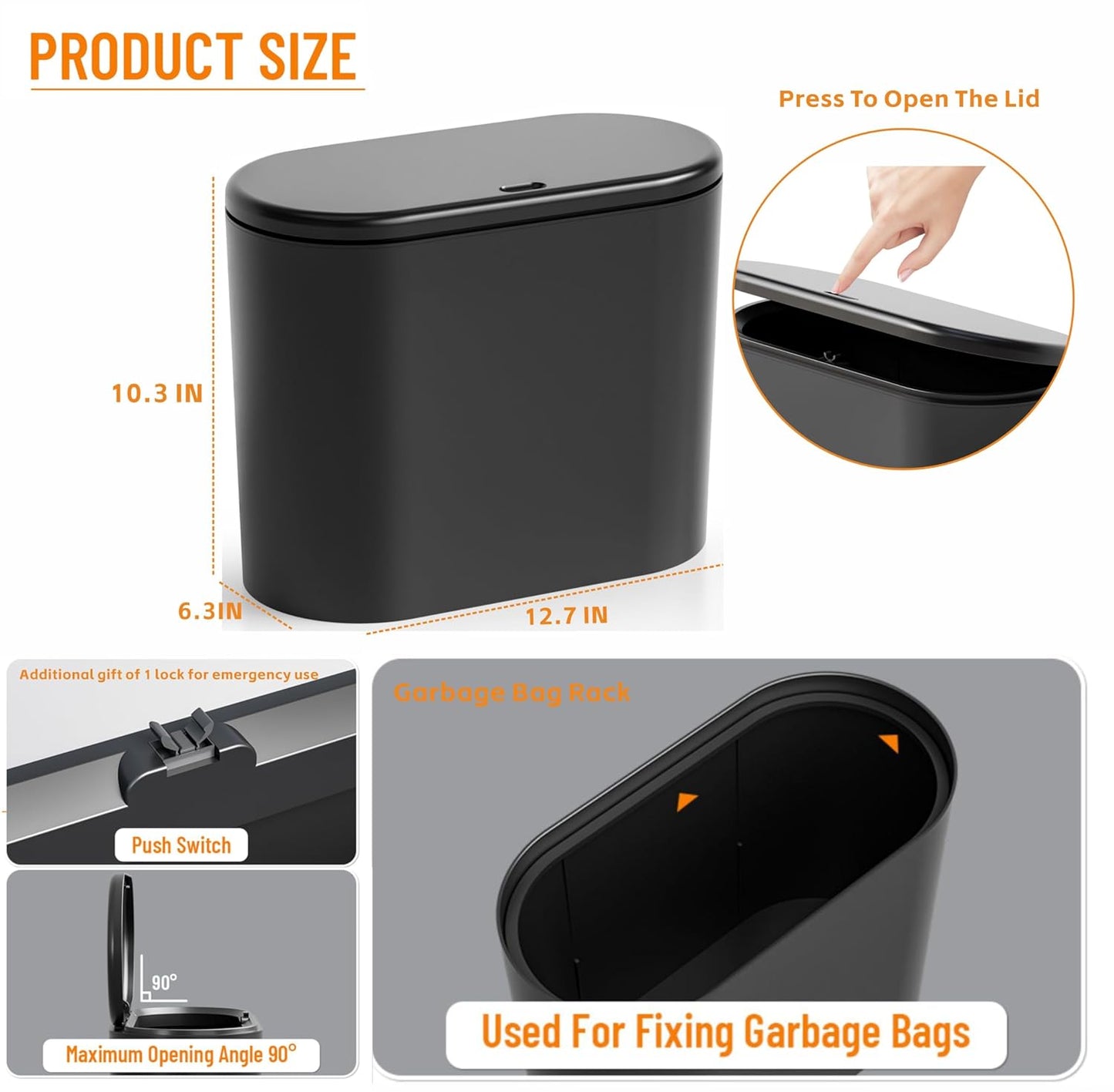 Yieach Black Slim Bathroom Trash Can With Lid 3.17 Gallon,Skinny Small Kitchen Garbage Can and Pet/Dog Proof Trashcans for Office,RV,Bedroom and Dorm,12L Plastic Covered Trash Can and Wastebasket,2PCS