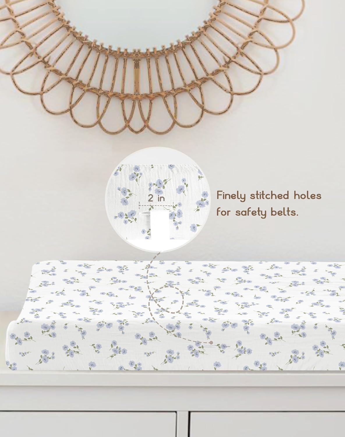 Changing Pad Cover for Baby Boy Girl 2 Pack, Muslin Changing Table Pad Covers with Boho Style, Neutral Nursery Bedding Essentials Soft and Breathable (Bluebell Bloom & Light Blue)