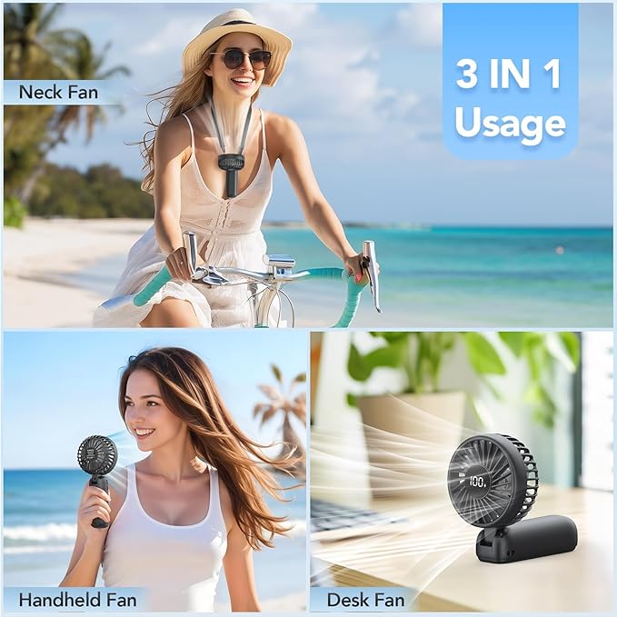 PANERGY Portable Handheld Fan, 5000mAh Rechargeable, 14H Max Cooling Time, 4 Gear Wind & LED Display, 90° Foldable Design, 3-IN-1 Mini Fan for Travel Working Concerts Makeup - Black