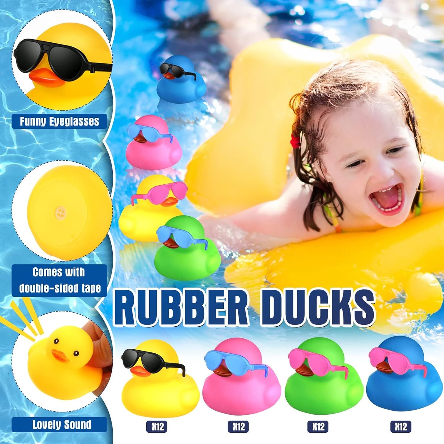 Chivao 48 Pcs Mini Rubber Ducks with Sunglasses in Bulk Small Duck Gift Bathtub Toys for Holiday Cruise Birthday Party Favor(Multicolor)