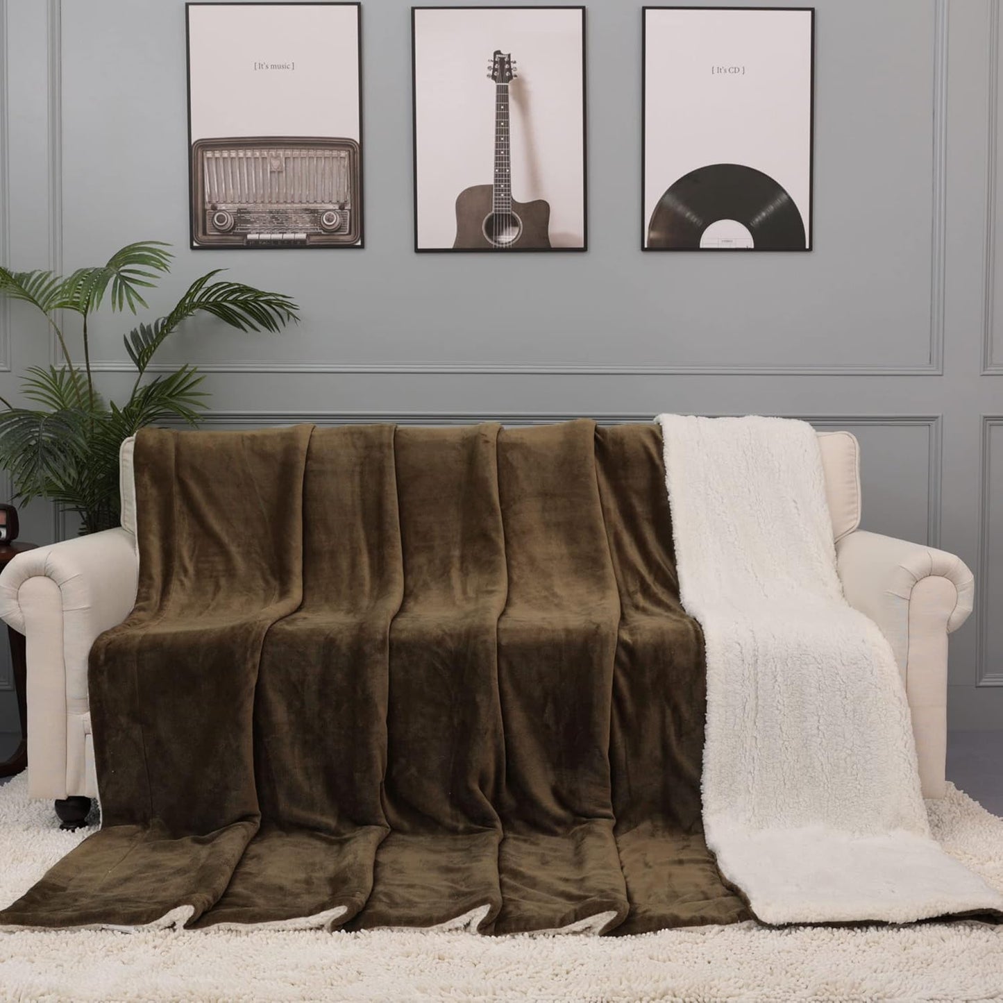 NANPIPER King Size Sherpa Blanket, Soft Fleece Throw for Bed, Reversible Thick Fuzzy Blanket for Winter (Military Olive Green, 90x108 inches)