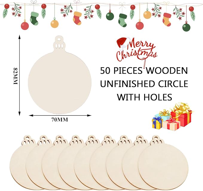 50PCS Unfinished Wood kit with Holes, Wooden Circles