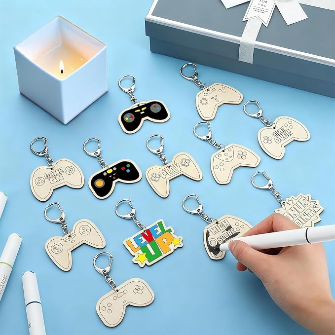 RattanView 24 Pcs Video Game Craft Color Your Own Keychains DIY Craft Wooden