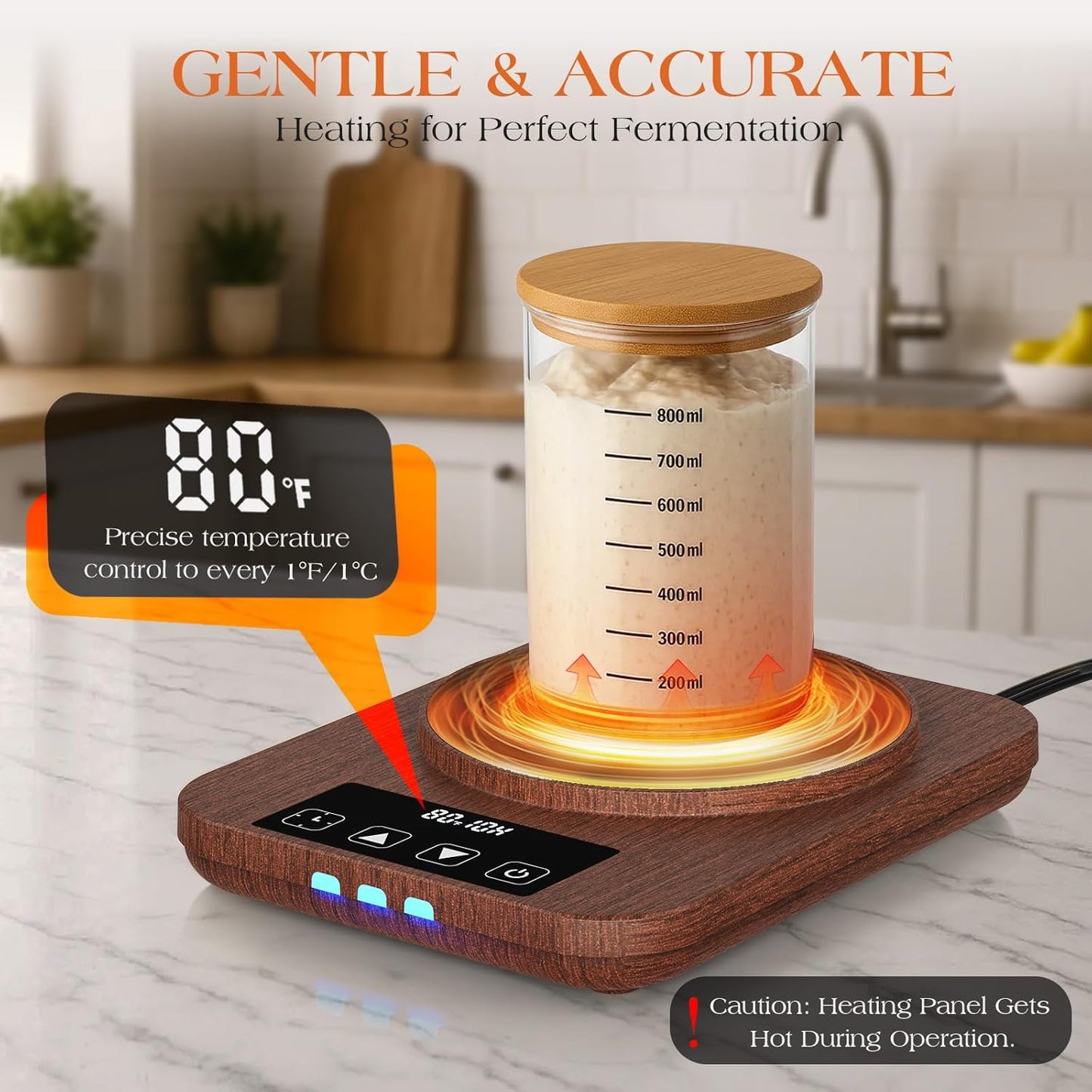 Sourdough Starter Warmer 2025 with Precise 1°F Control (70–100°F), 4.3" Sourdough Warmer, 12H Auto Timer, USB Powered Fermentation Mat for Sourdough Jar, Essentials for Home Bread Baking, Wood Grain