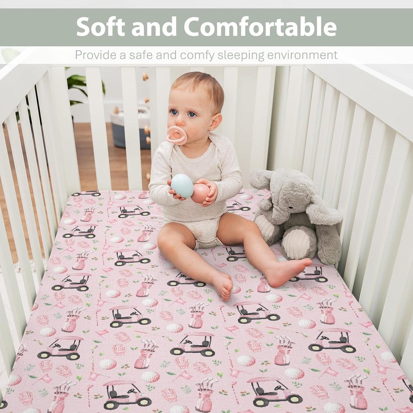 Golf Baby Crib Sheets for Boy Girl 28"x52" Sports Golfing Soft Stretchy Fitted Crib Mattress Cover Golf Lovers Gift Nursery Baby Sheet for Standard Crib and Toddler Bed Mattress Pink