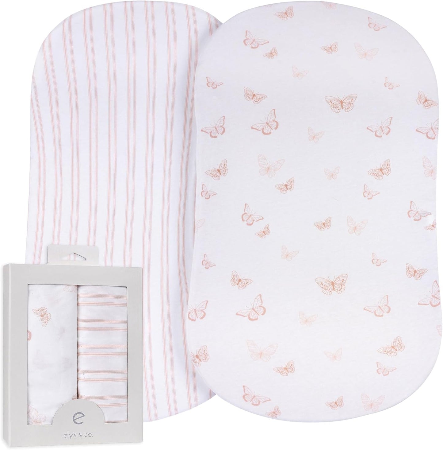 Ely’s & Co. Bassinet Sheets, Baby Girl Fitted Bassinet Mattress Sheet Set - 2 Pack, 100% Jersey Knit Cotton, fits Oval, Hourglass and Rectangle Mattress, Pink Butterly + Stripe, 32”x16”x3”