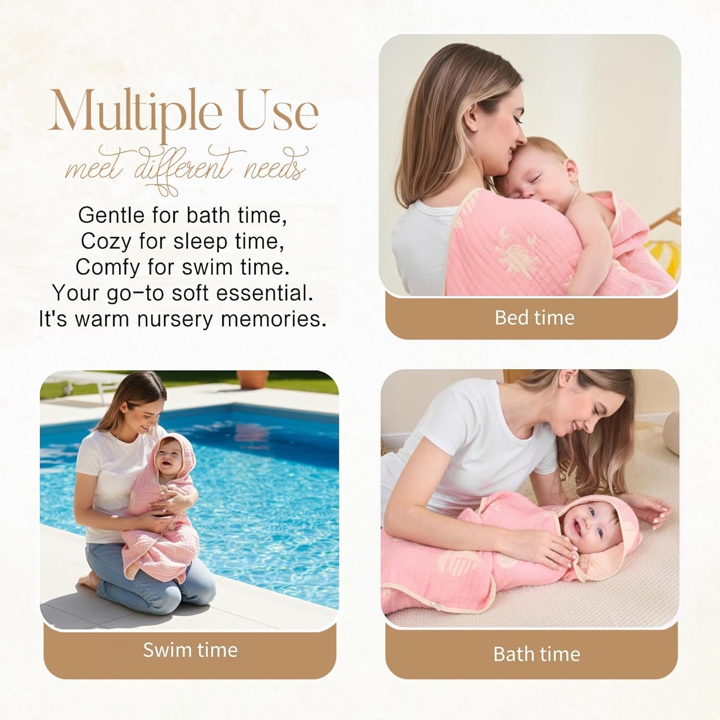 Ultra-Soft Muslin Baby Hooded Towel - 32 x 32 Inches, Ideal for Bath & Beach, Suitable for Both Boys & Girls from Newborns to Toddlers