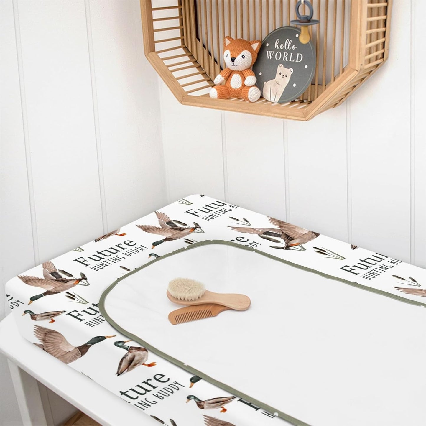 HawSkgFub Future Duck Hunting Buddy Changing Pad Cover for Baby Boy, Wild Mallard Hunter Diaper Change Table Covers, Soft Stretchy Breathable Safe Snug Fitted Changing Mat Sheets Fit 32"/34" x 16"
