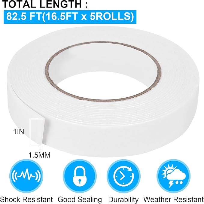 Double Sided Foam Tape 1In x 16.5FT 5 Pack, Mounting Tape Heavy Duty, Strong