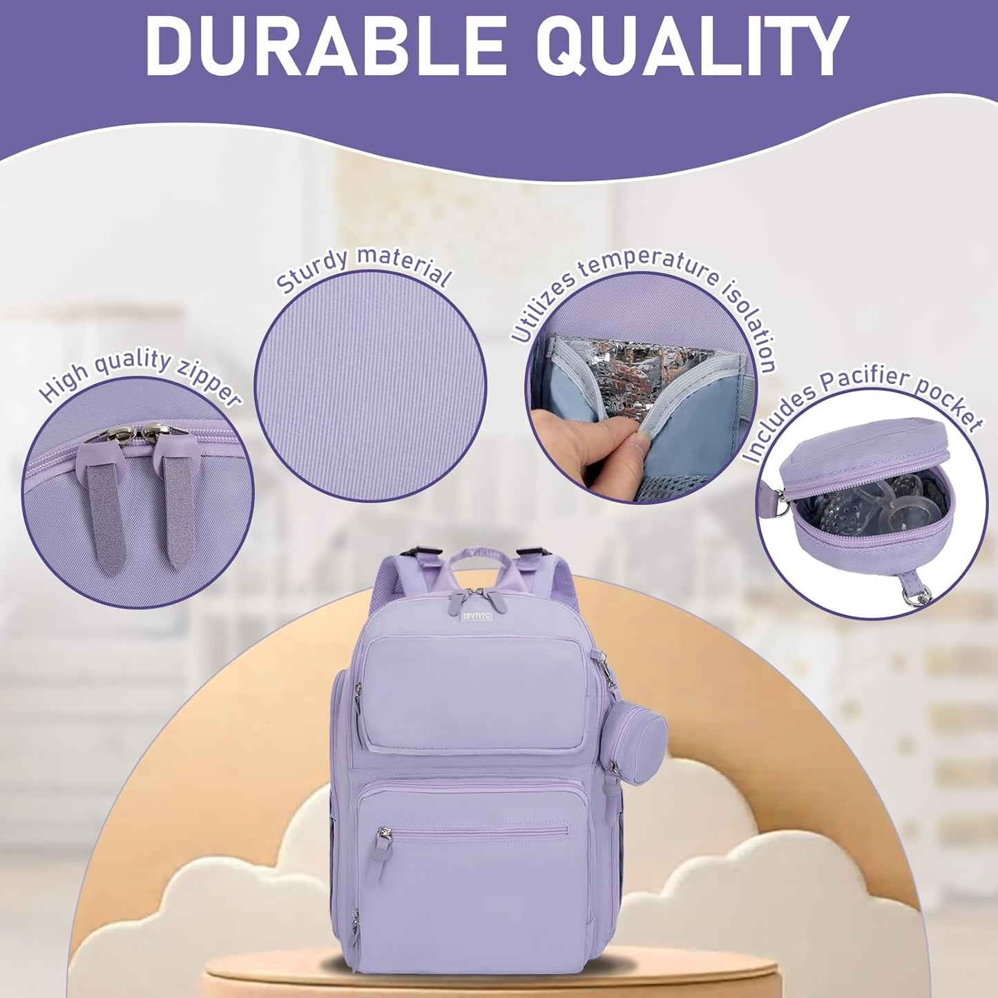 Diaper Bag Large Capacity Diaper Backpack Multi-Function Baby Diaper Bag For Dad And Mom With Insulated Pockets, Stroller Straps, Purple