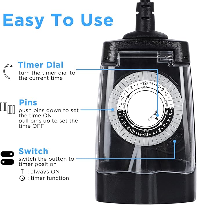 G-ELEK Outdoor Timer Waterproof, 24 Hour Light Timer, Timers for Electrical Outlets, Ideal for Pool Pump, Christmas Lights, Heavy Duty, 2 Grounded Outlets, ETL Listed, Black