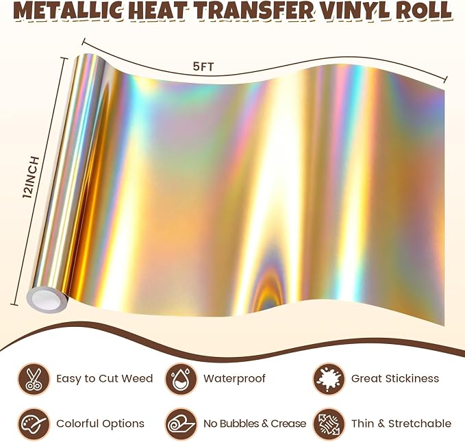 Holographic Gold Metallic Foil Heat Transfer Vinyl, Chrome HTV Easy to Cut &